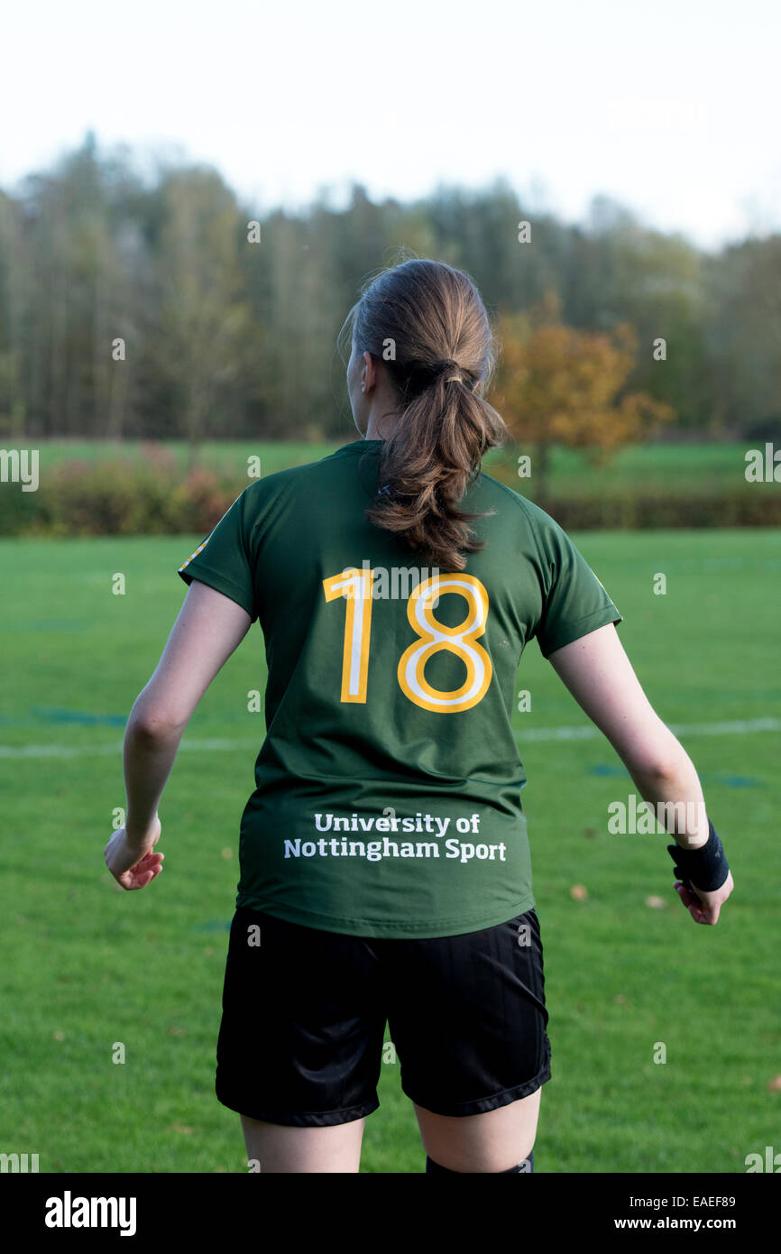 University sport UK, Women`s Rugby Union. Back view of a Nottingham University player. Stock Photo